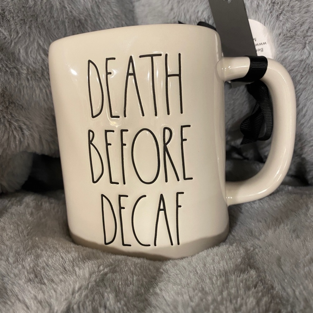 NWT Rae Dunn death before decaf mug